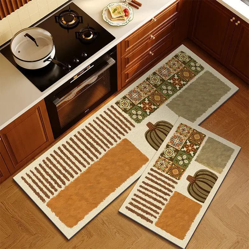 VIKAMA Fall Pumpkin Leopard Kitchen Rug Set, Non‑Slip Washable Waterproof Harvest Decor Striped Floor Mats