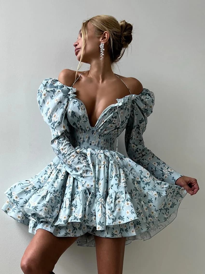 Marthaqiqi Abbigliamento da notte da donna alla moda, pigiama sexy con scollo a V, pigiama con lacci, camicia da notte a maniche lunghe, mini abito, camicia da notte femminile autunnale