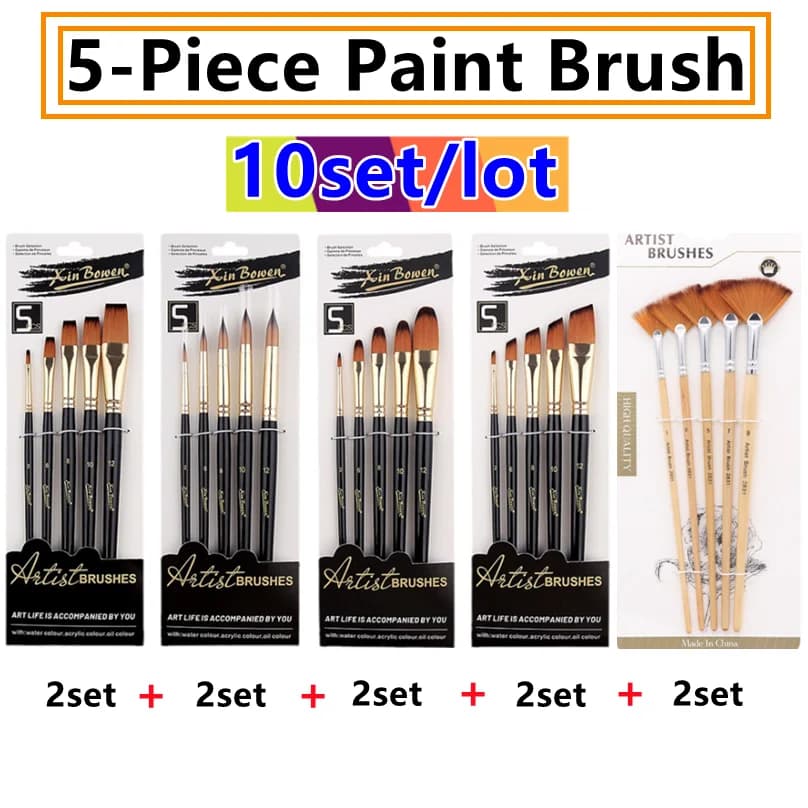 (10set/lot) 5-Piece Paint Brush Set Nylon Bristles Wood Handle for Watercolor, Acrylic, Oil Painting, Face Painting Art Supplies