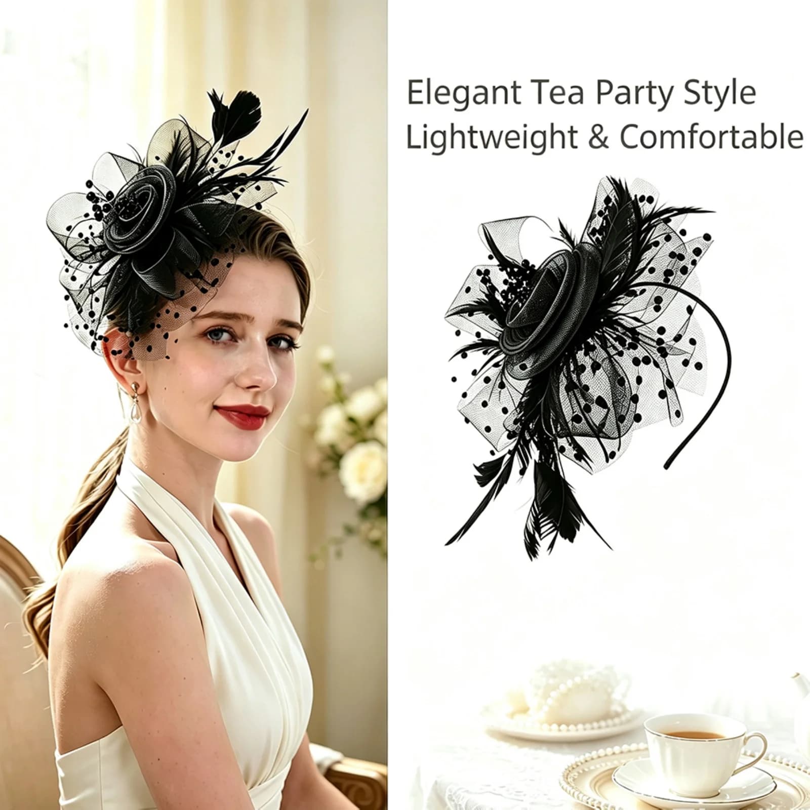 2PCS DRESHOW Modern Feather Fascinator Hair Clip Royal Ascot Formal Headpiece Bridal Wedding Party Elegant Hat for Girls Women