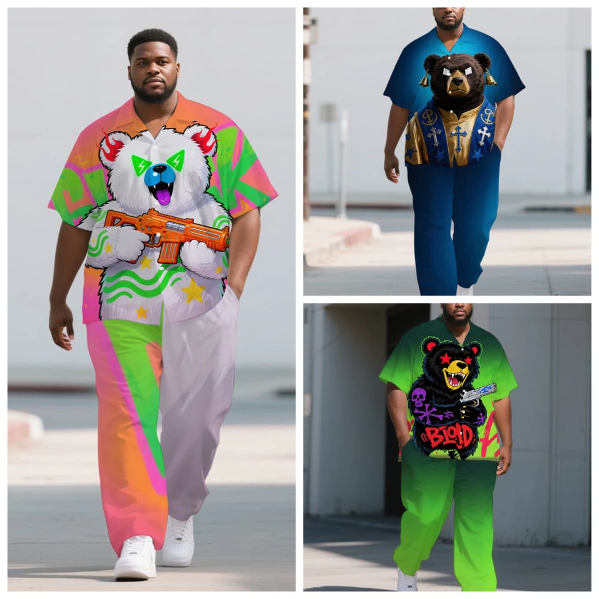 S-9XL Men's Summer Graffiti Bear Print Oversized Shirt & Pants Set Multi-Design Casual 2-Piece Outfit