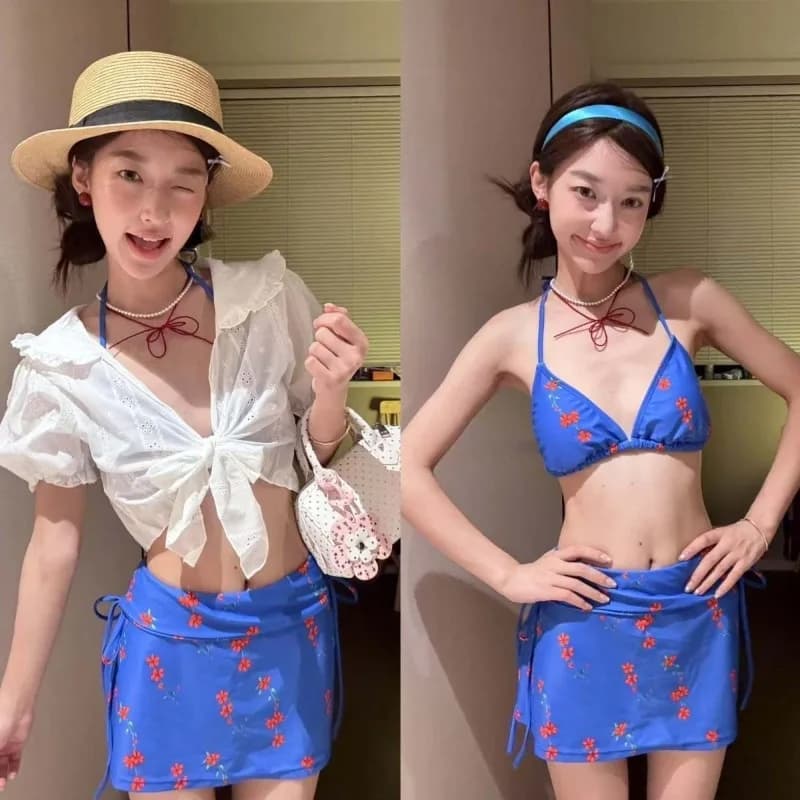 Elegant Summer Swimwear with Floral Print, Vintage Y2k Bikini Set for Women, Matched Cardigan, Beach Style