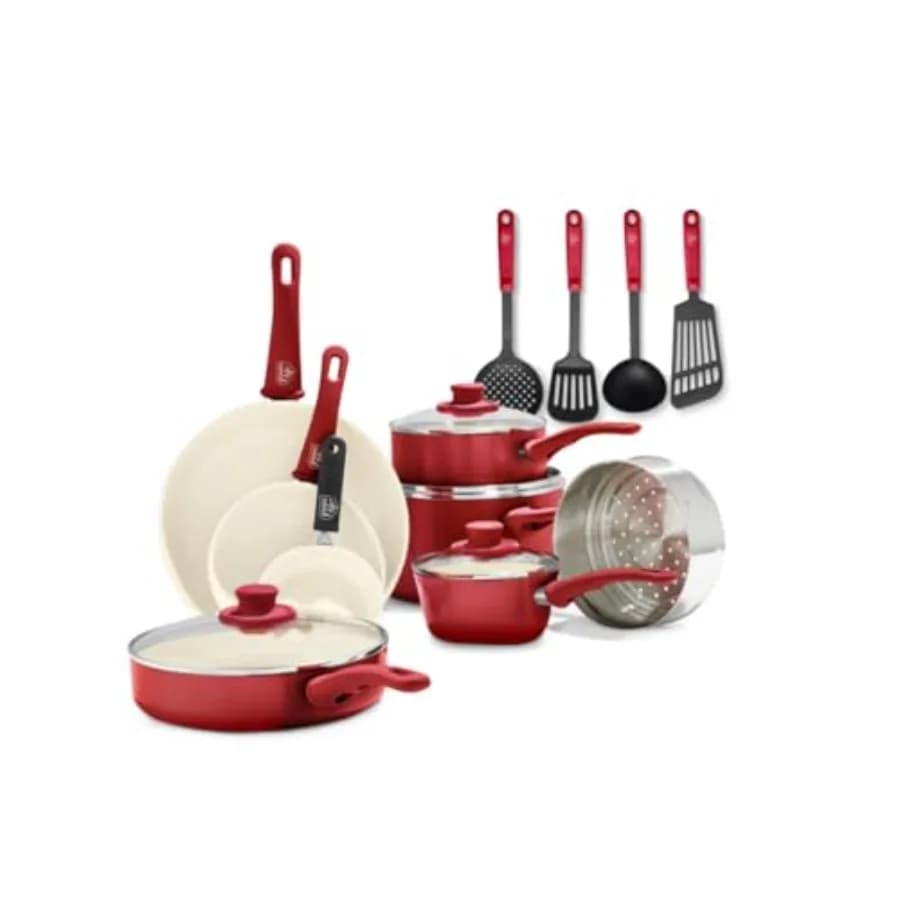 Set di Pentole Antiaderenti da 16 Pezzi con Manici Morbidi, Padelle in Ceramica Atossiche Senza PFAS, Rosse, Lavabili in Lavastoviglie e Adatte al Forno, per Friggere, Salse e Saltare in Padella