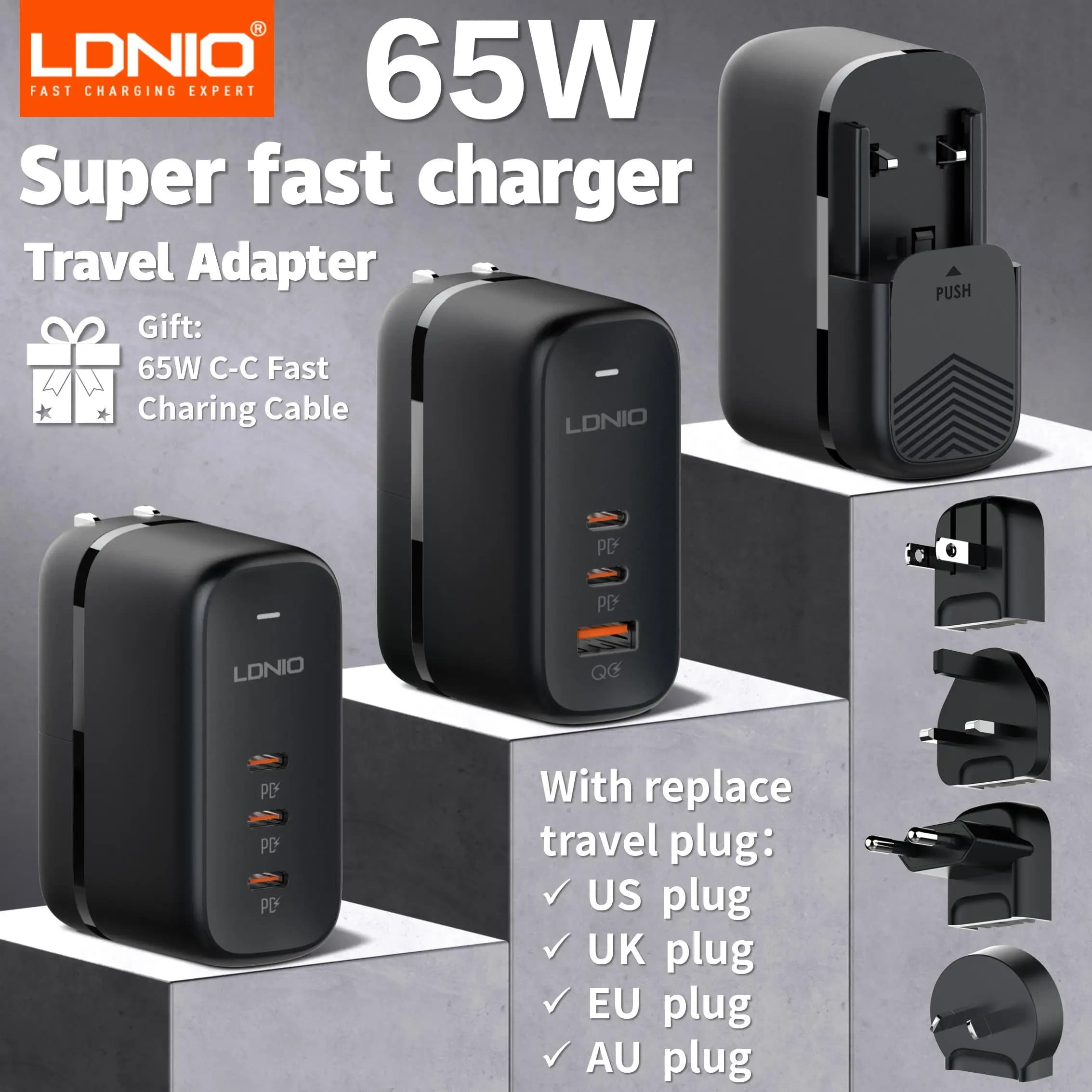 LDNIO GaN 65W Caricatore USB C Caricatore da viaggio Caricatore da muro PD QC Adattatore spina internazionale a 3 porte Adattatore spina da viaggio EU UK US AU