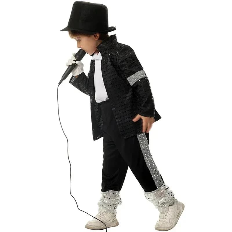 ♥ Nuovo Costume di Halloween 2026 per Ragazzo, Michael Jackson Billie Jean, Abito Nero da Ballo Disco, Travestimento Anni '80, Re del Pop per K ★ ★ ★