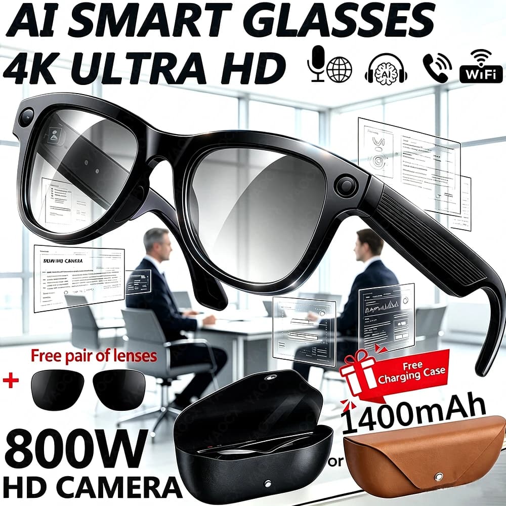 Smart AI Glasses 2026 4K Translator Photo Video EIS Recording Music Playback With 1400 Mah Charging Case SmartGlasses Men Women