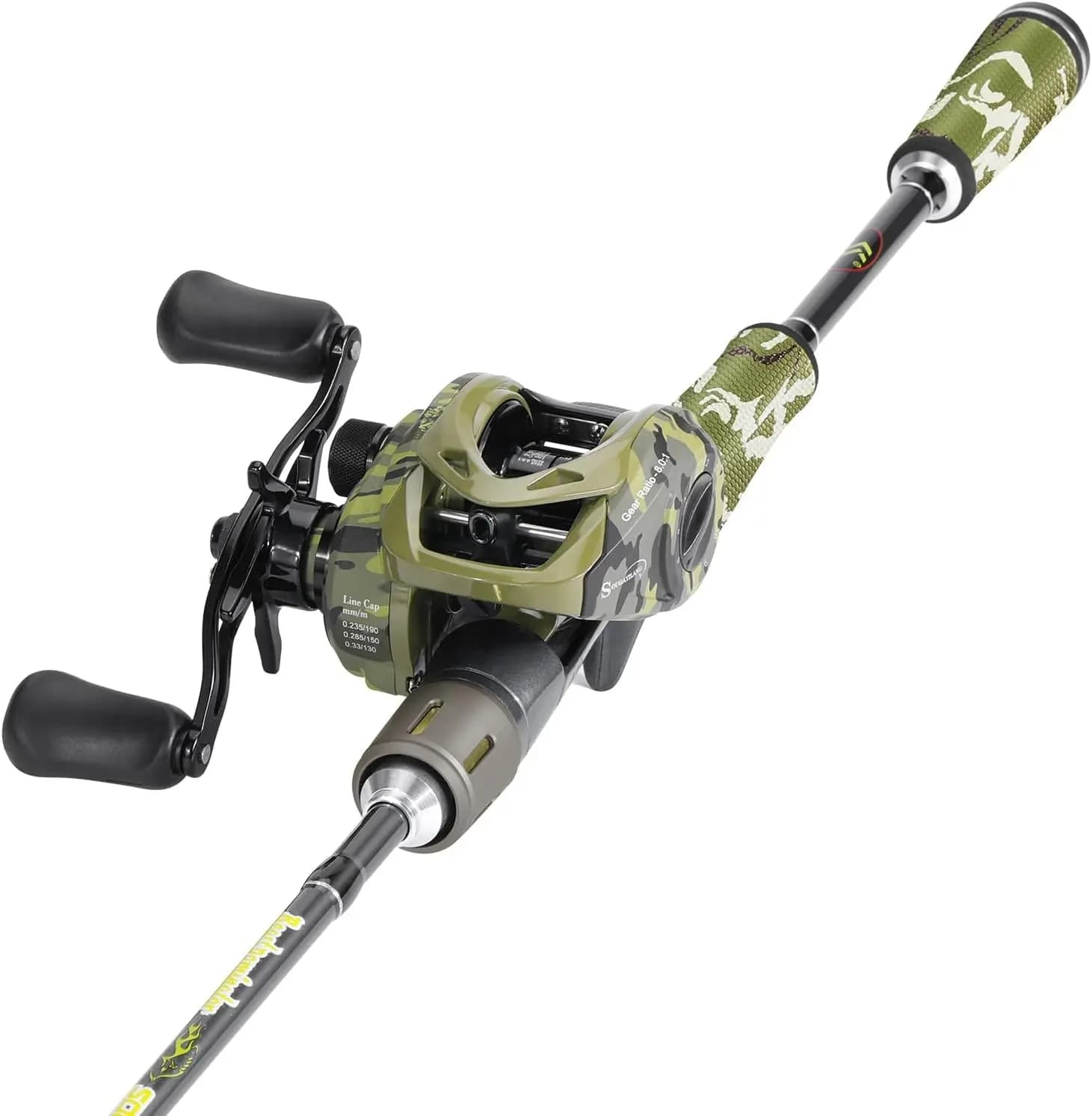 Combo Baitcaster, Canna da Pesca in 2 Pezzi in Grafite 30Ton+24Ton, Manico in SuperPolimero, Porta Amo Stile “S” con Custodia Mimetica