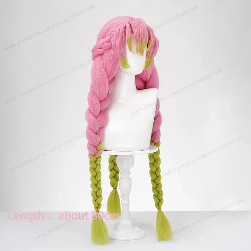 Parrucca sintetica cosplay Anime Mitsuri Kanroji lunga 80 cm capelli intrecciati rosa verde resistenti al calore per donne aw;3'f,6;t.8'