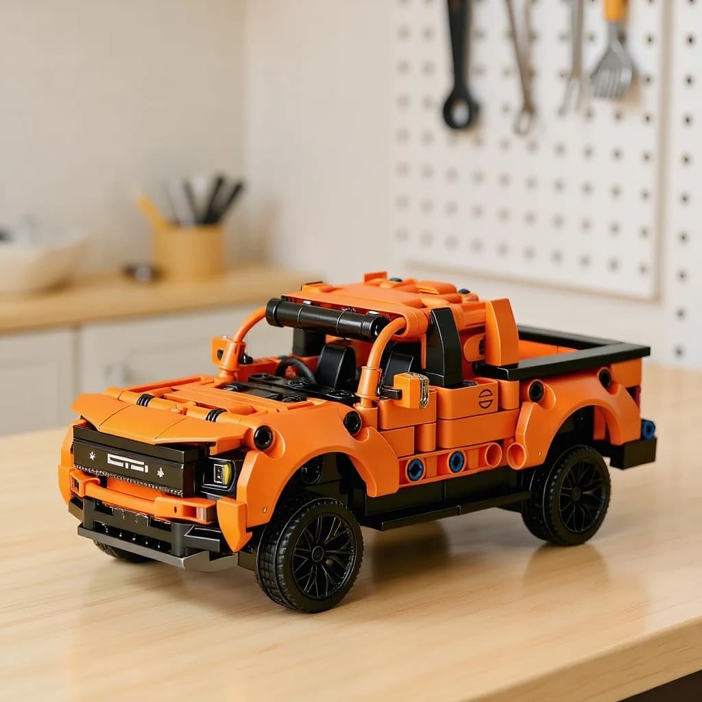 Blocchi da costruzione Technic Orange Pickup Truck, stile fuoristrada robusto, kit di mattoncini fai-da-te per collezionisti