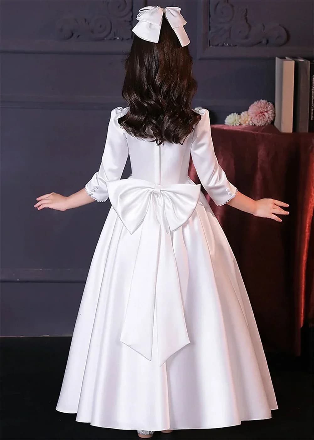Bellissimo abito da ragazza di fiori a trapezio in raso per abiti da sposa Abito da ballo da sera per festa di compleanno per bambini con fiocco da piccola principessa personalizzabile