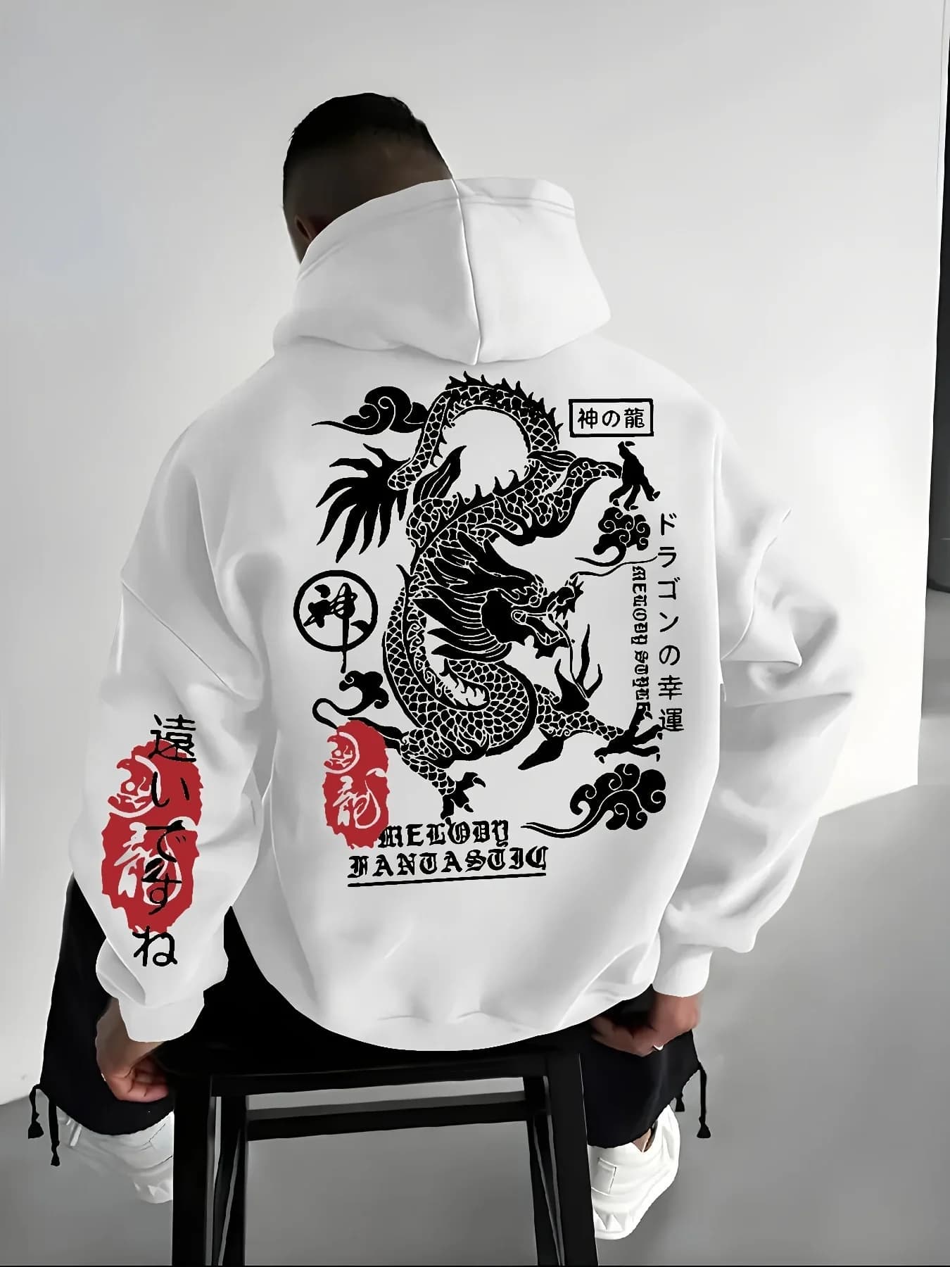 Vintage Oriental Dragon Letter Print Men Hoodie Winter Thick Warm Fleece Loose‑fit Street‑Style Hooded Pullover Sweatshirt