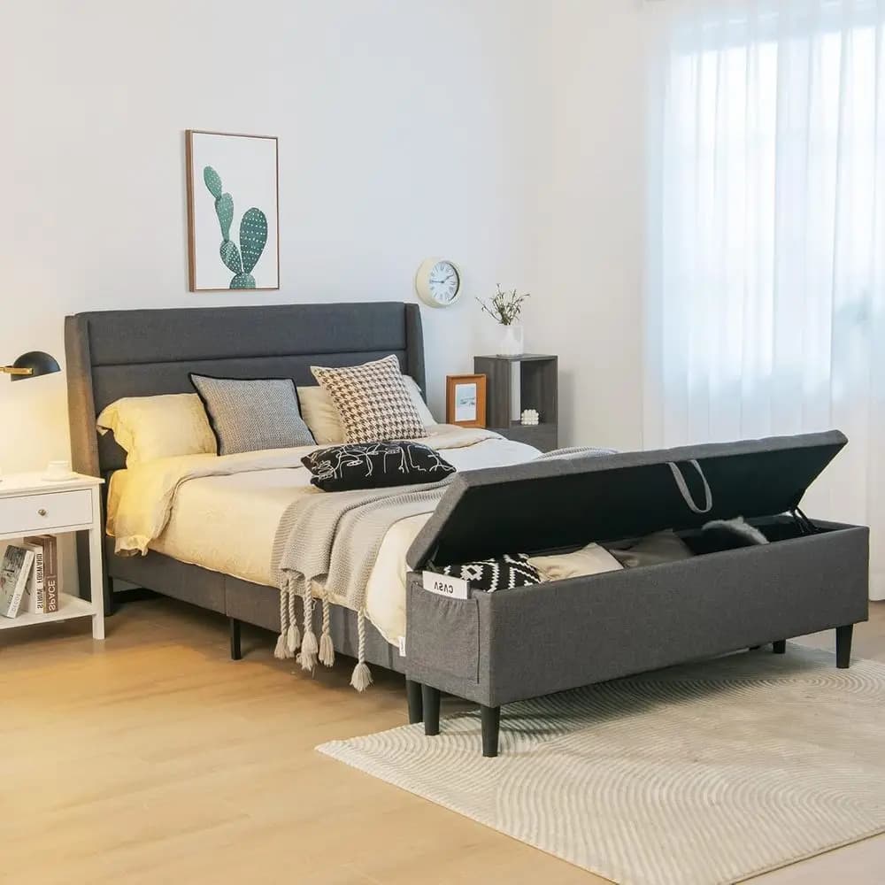 Bed with flaxed platform with Ottoman container, wooden slats support, no spring net required