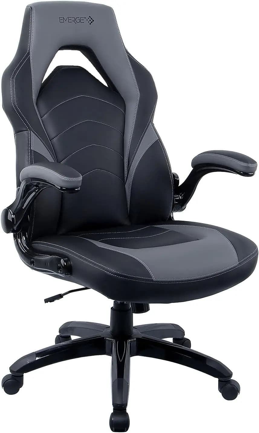 Sedia da gaming ergonomica in pelle rigenerata EVortex con supporto lombare, schienale alto e serratura regolabile, nera e grigia