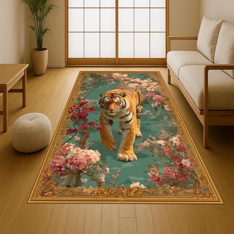 Floral Tiger Vintage Frame graphics large carpet,lounge coffee table,entrance hallway,dining area Welcome rug,Non Slip Rug
