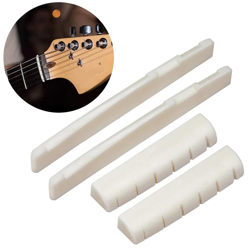 2 set 4 pezzi 6 corde chitarra acustica Bone Bridge sella 72mm e dado 43mm mucca osso dado Top cuscino Folk cuscino inferiore Folk