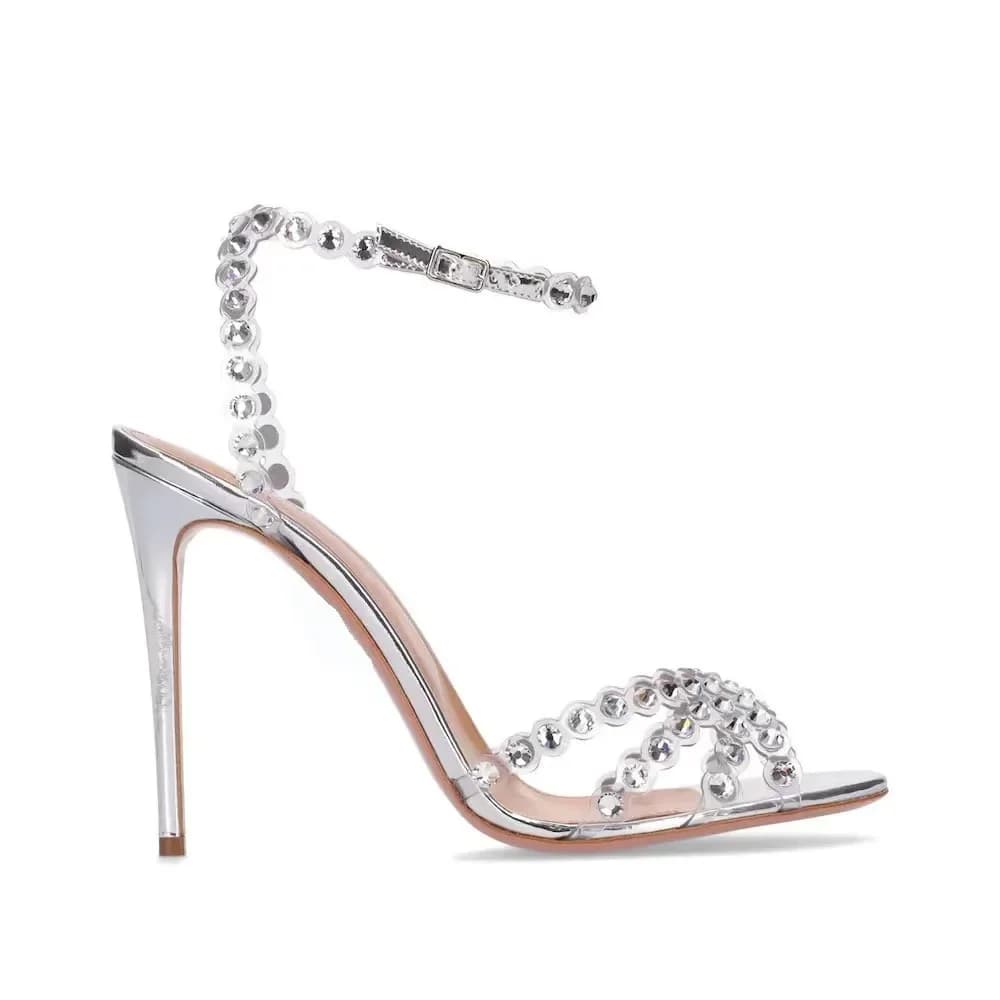 Socialite Plus Size Silver Heels Jelly Diamond Sandals Height Increasing Stilettos Wedges Peep Toe Head Design Rhinestone for