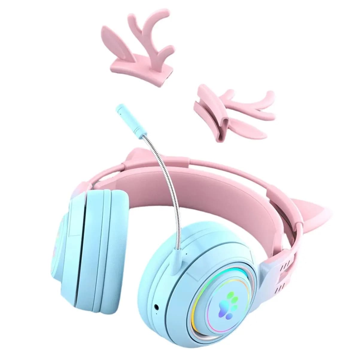 N88R! Bluetooth RGB Gaming Headphones with Microphone, Audio Surround Stereo, Hard and Cat Earrings with LED Light for PC and Laptop