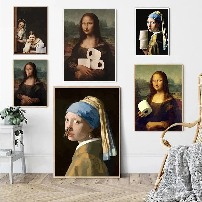 Divertente Poster per Bagno con Mona Lisa e Ragazza con Perle, Stampa Diamantata su Carta Igienica, Arte Murale per Arredamento Casa