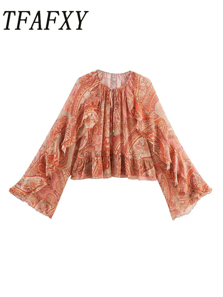 TFAFXY Camicetta casual chic da donna con stampa floreale con volant Camicie con maniche svasate Camicette per le vacanze primavera autunno di nuova moda