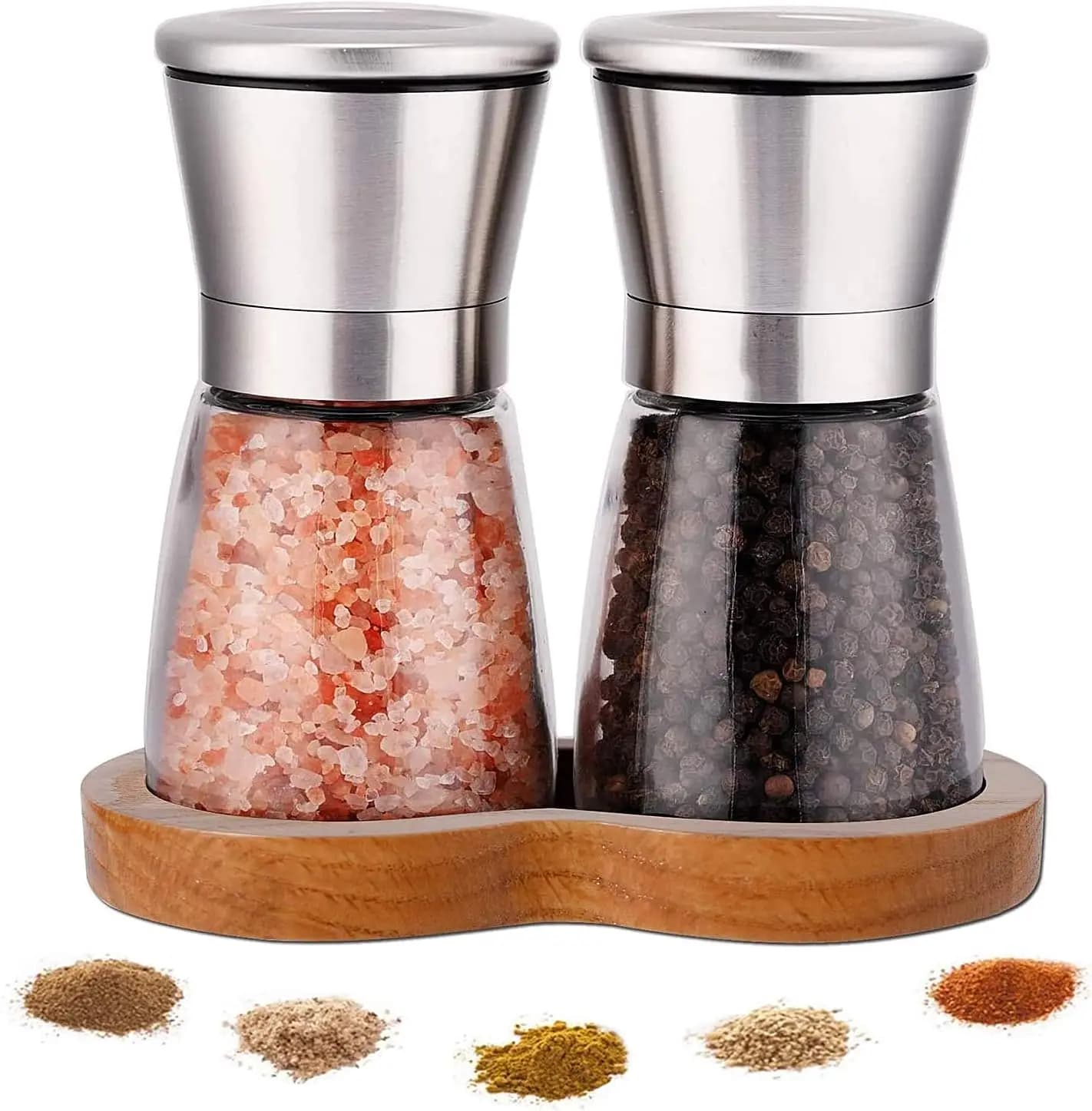 Set Macinapepe e Macinasale con Vassoio in Legno, Regolazione della Macinatura, Contenitori in Acciaio Inox Spazzolato e Vetro per Spezie