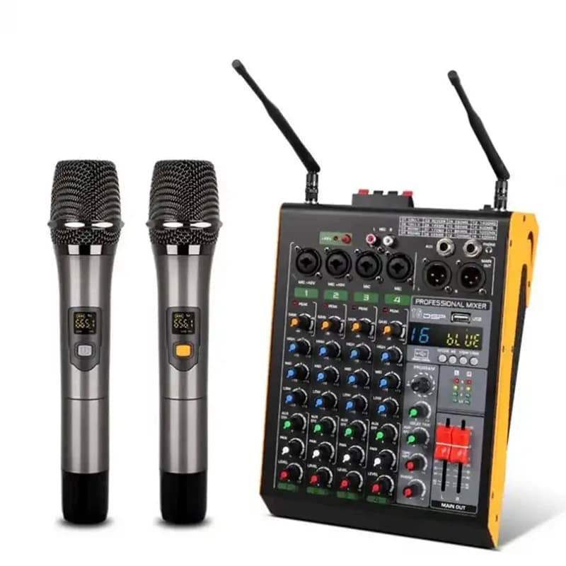 Pro 4 Channel 16 DSP Audio mixerdj controller/audio console mixer With dual wireless Microphone for ktv dj