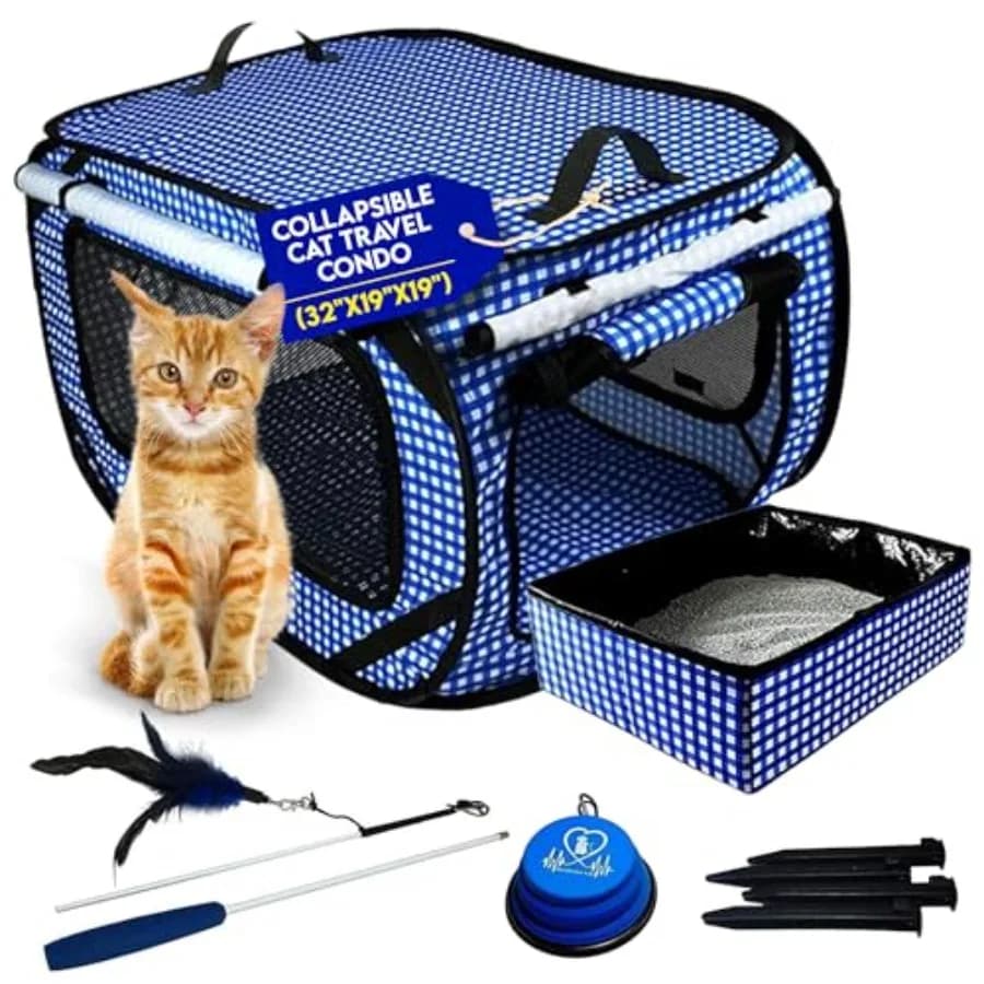 Extra Large Cat Carrier for Travel - Foldable and Portable Collapsible Kennel with Litter Box, Feather Toy and Water/Food Bowl