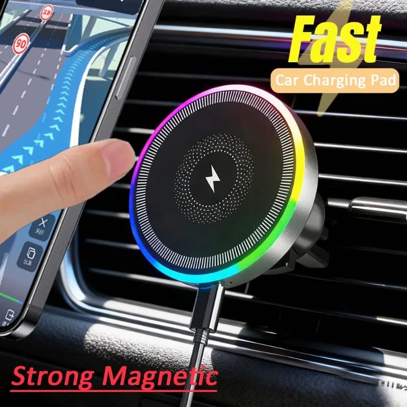 Supporto per telefono magnetico per auto con luce RGB Supporto per presa d'aria Caricatore wireless per Magsafe iPhone 16 15 14 13 12 Pro Max Dock di ricarica veloce