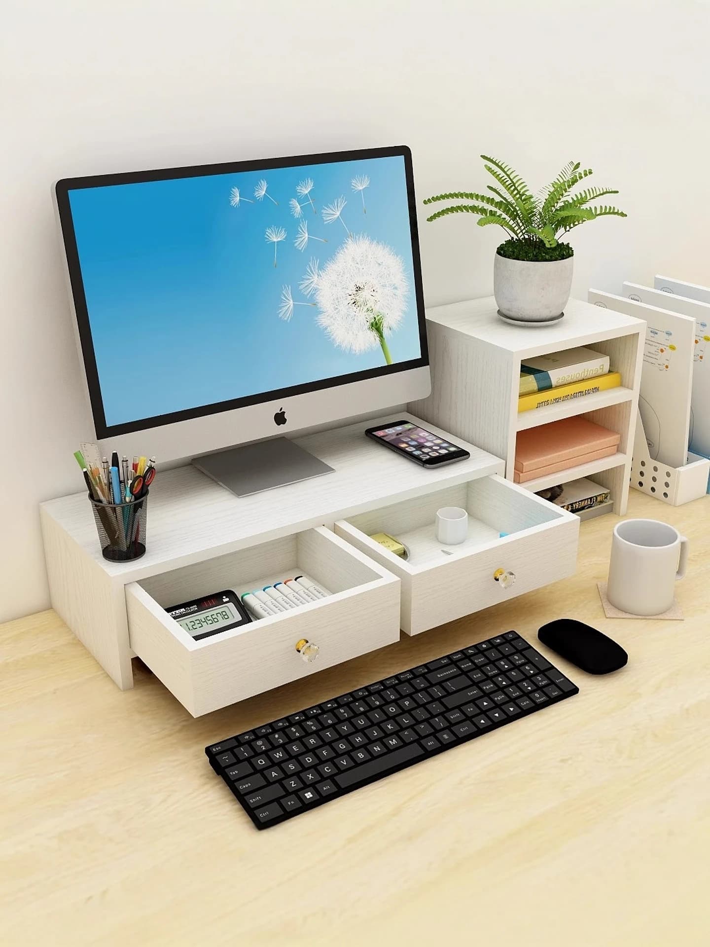 Modern Simple Office Computer Monitor Display Stand Base Storage Rack with Drawer Wood Computer Elevation Bracket