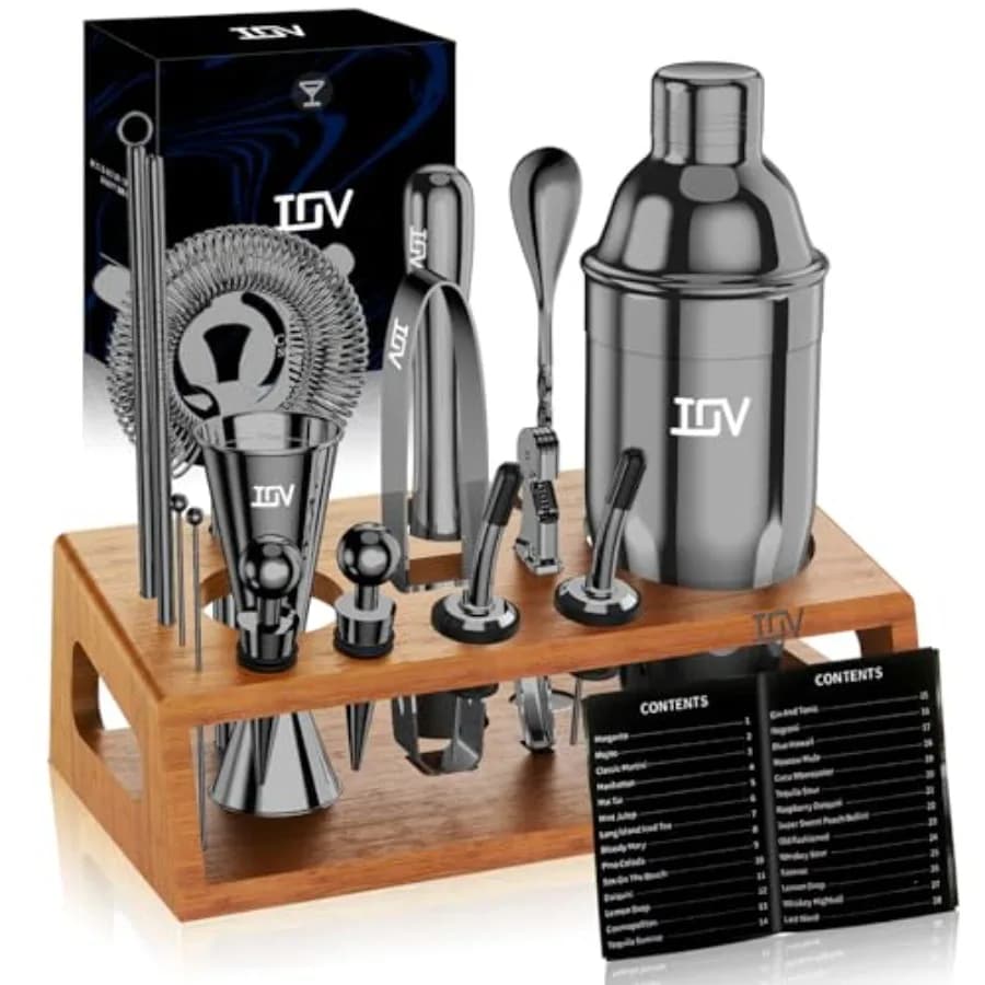 Set Shaker per Cocktail, Kit da Barman con Supporto, Set Mixer per Bevande, Include Shaker per Martini, Jigger, Colino, Cucchiaio da Miscelazione, Muddler