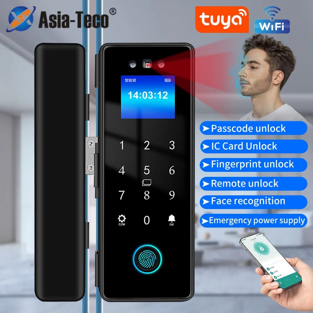 WIFI Tuya 3D Riconoscimento facciale Serratura in vetro intelligente Impronta digitale elettronica biometrica Sblocca serratura in vetro Telecomando mobile