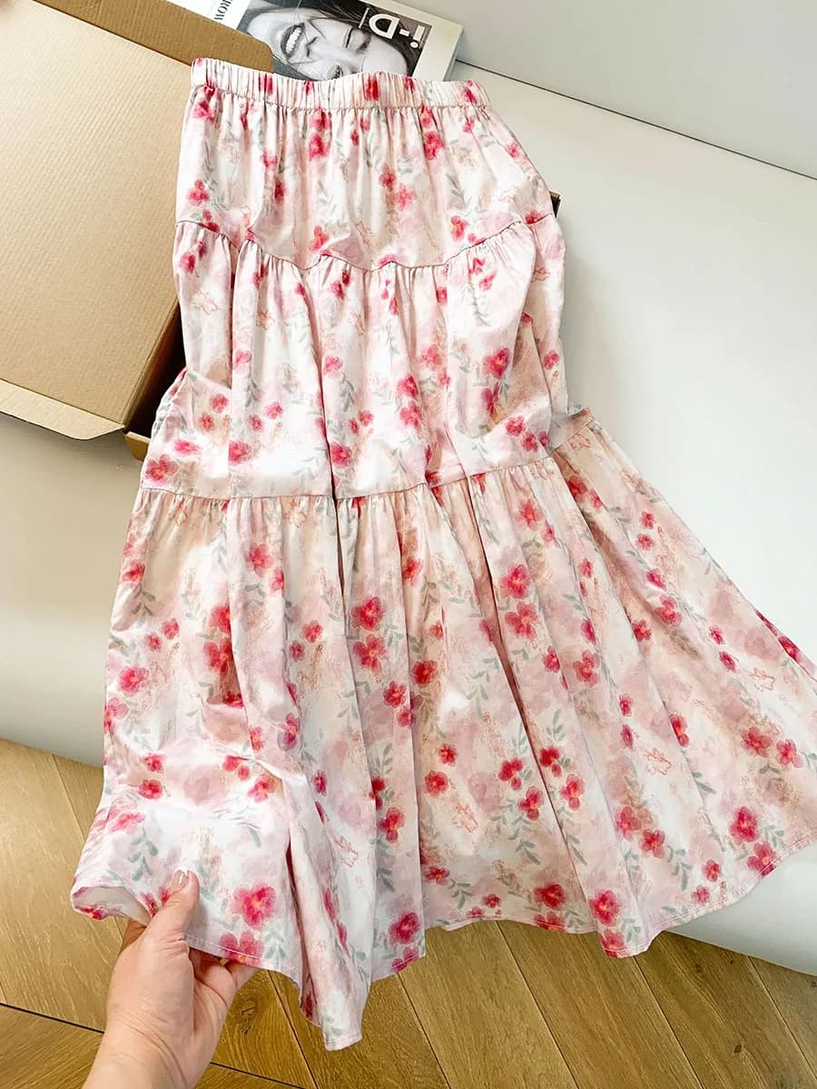 Gonna a trapezio a mezza lunghezza con stampa floreale rosa stile coreano Dopamine, gonna estiva da donna, graziosa e di media lunghezza