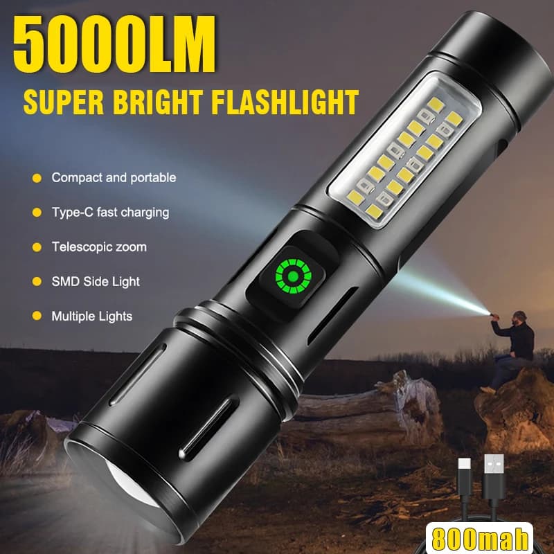 Torcia a LED potente ricaricabile tramite USB Torcia portatile con zoom telescopico a LED ad alta potenza Lanterna da campeggio per equitazione all'aperto