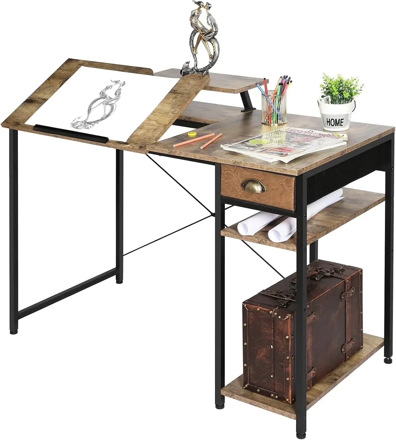 Tavolo da Disegno con Ripiani Portaoggetti e Cassetto, Scrivania Artistica Regolabile da 43 Pollici con Supporto per Monitor per Computer da Ufficio Domestico, Tavolo da Disegno Inclinabile