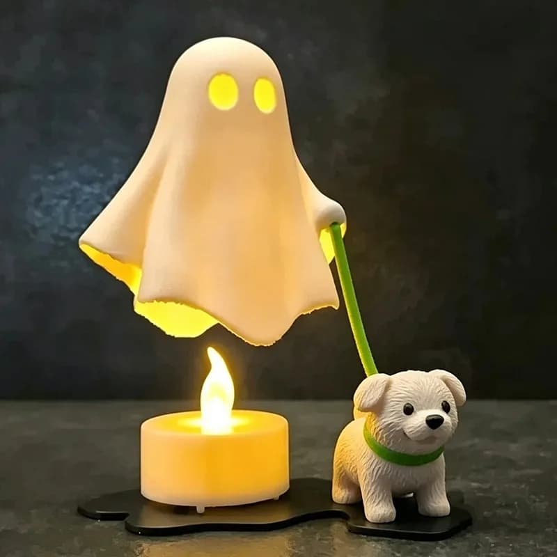 Halloween Ghost Dog Figurine with Warm Light Battery Powered PLA Split Assembly Ornament for Desktop Entryway Party Display Gift