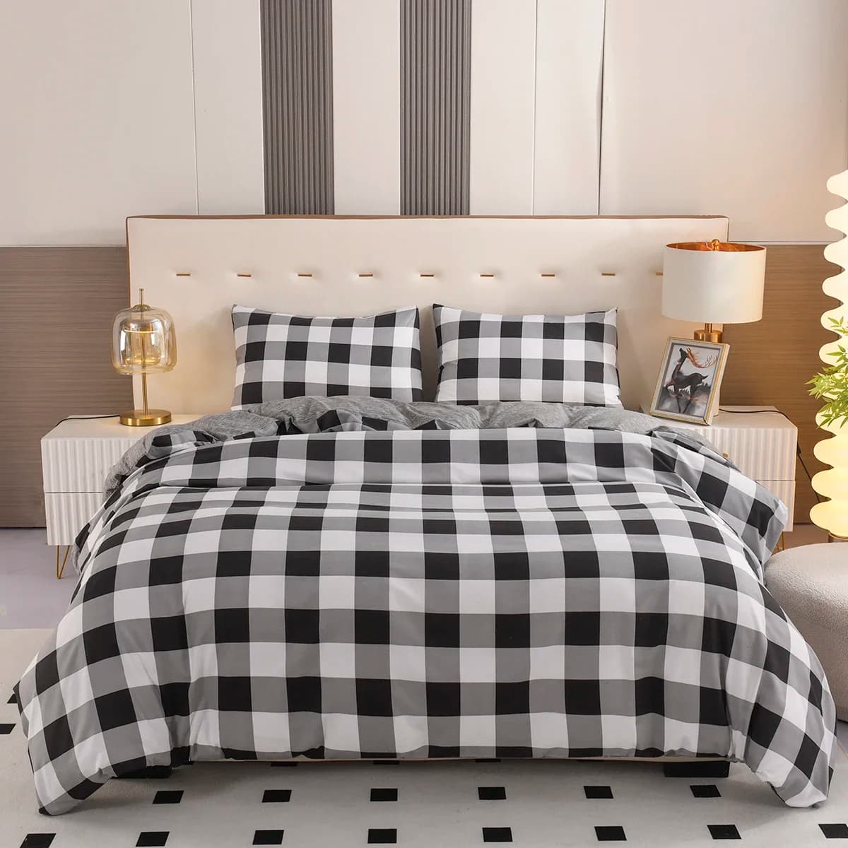 Set biancheria da letto stampata su un solo lato da 3 pezzi, trapunta copripiumino con griglia scozzese in bianco e nero, cuscini, copriletti comodi