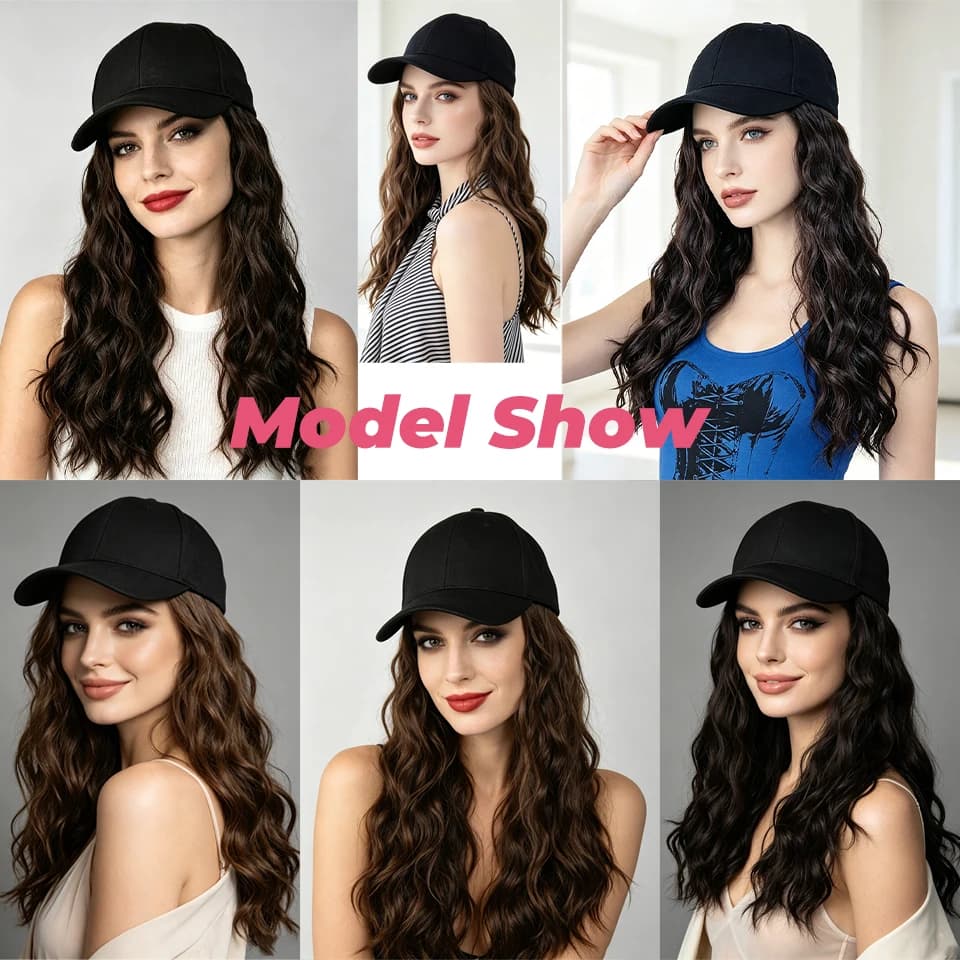 Synthetic black baseball cap wig hat wig one-piece long curly hair wig hat suitable for women's daily party use