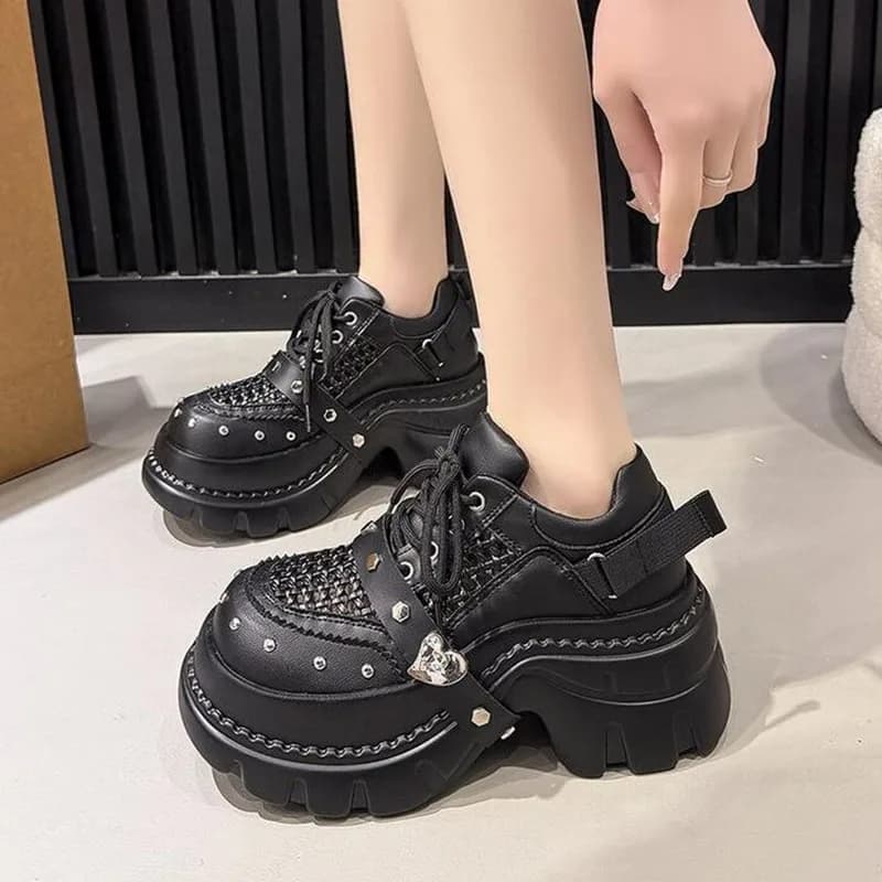 Summer Breathable Chunky Sneakers Women Belt Decor Punk Shoes New High Platform Vulcanized Shoes Woman Rivets Goth Shoes Mujer