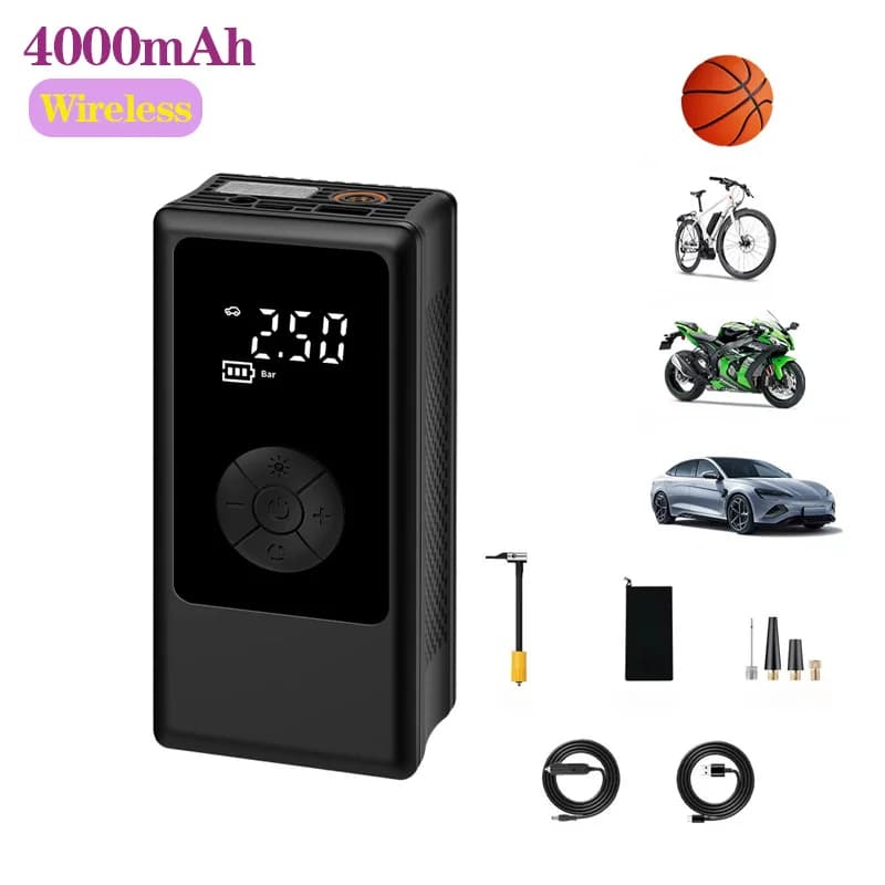 Pompa d'aria per pneumatici per auto intelligente portatile elettrica senza fili da 4000 mAh per illuminazione a LED con sfera per pneumatici per auto moto bici