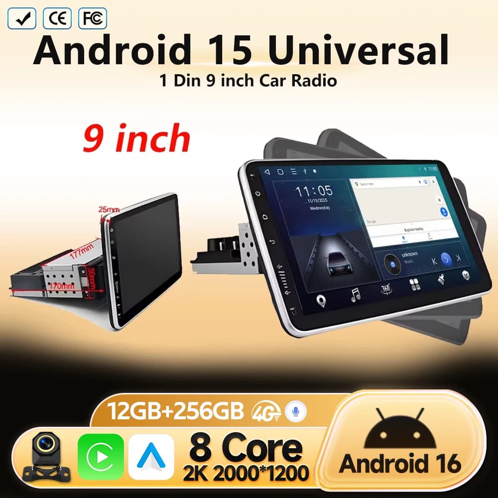 Android 15 1 DIN Screen Universal 9 10 inch Car Stereo CarPlay Car Radio Android Auto GPS Multimedia Player WiFi Player QLED BT