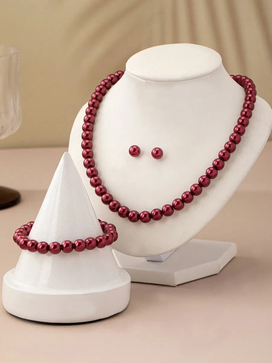 4pcs Fashion Minimalist Faux Pearl Beaded Necklace + Bracelet + Earrings Jewelry Set, Suitable For Evening Gala, Dates, Gatherin