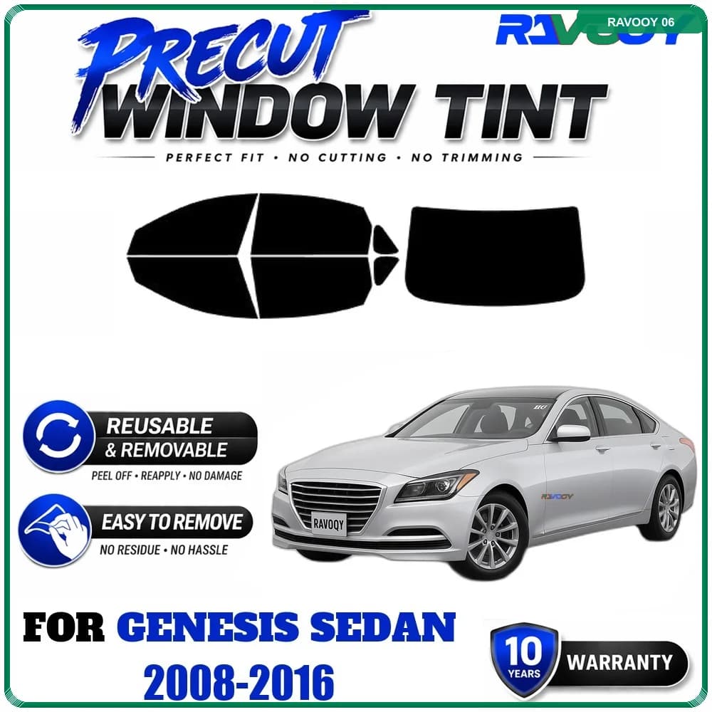 RAVOOY Precut Window Tint, Reusable Removable EPU Film, Custom Fit for Genesis Sedan 2008-2016, UV Heat Protection