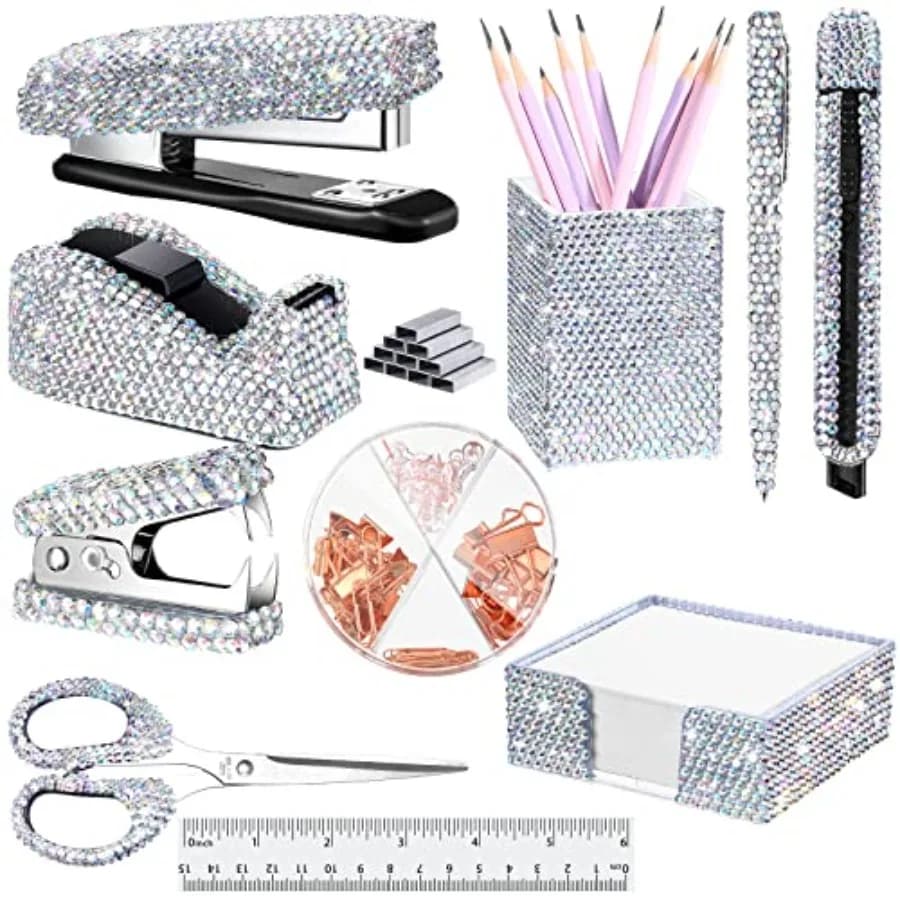 Teling Set di 10 Accessori da Ufficio Luccicanti, Kit di Forniture per Scrivania con Graffette e Dispositivo di Rimozione Graffette in Cristallo