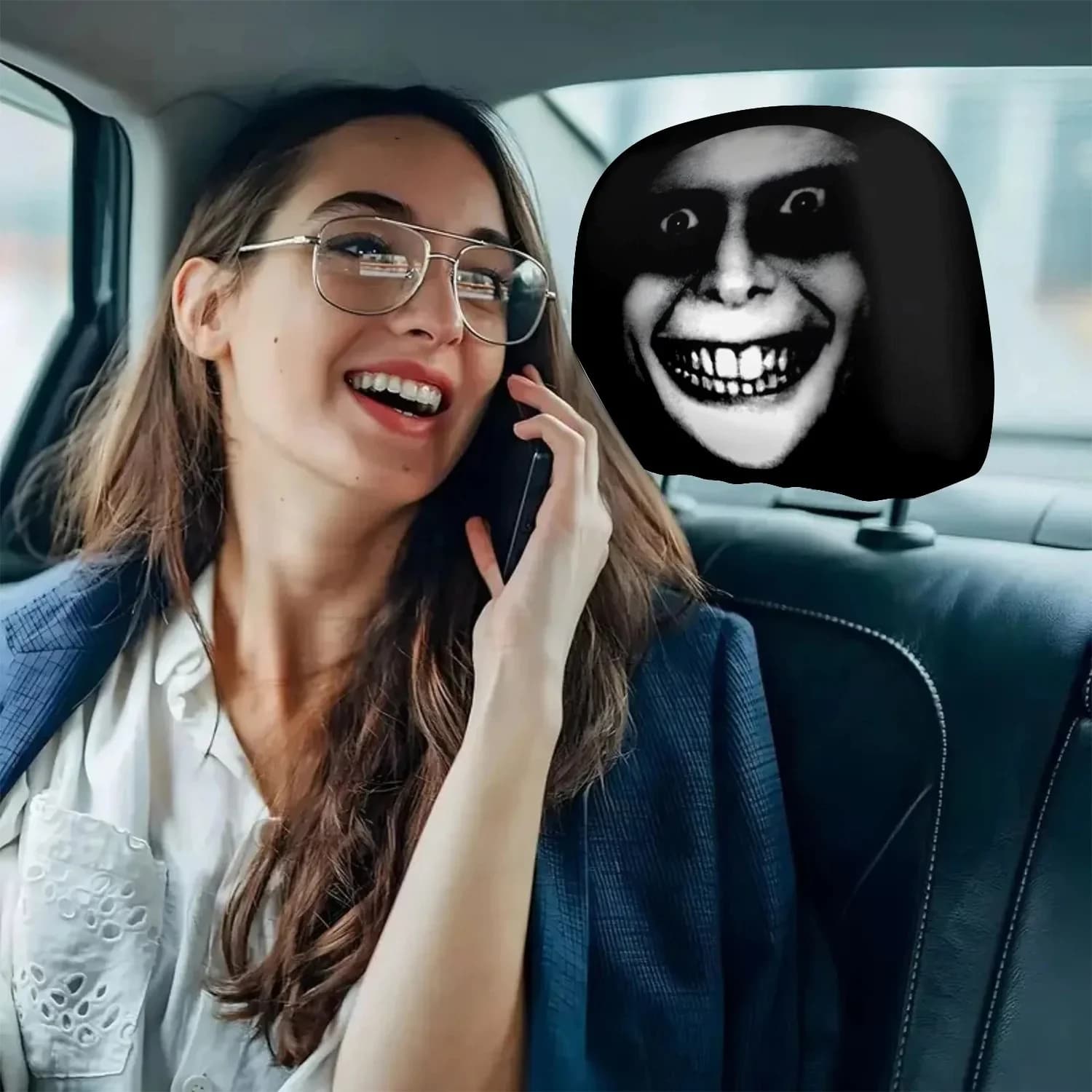 2pcs Horror Theme Printed Pattern Car Headrest Protective Cover Comfortable and Fashionable Car Seat Headrest Protective Cover