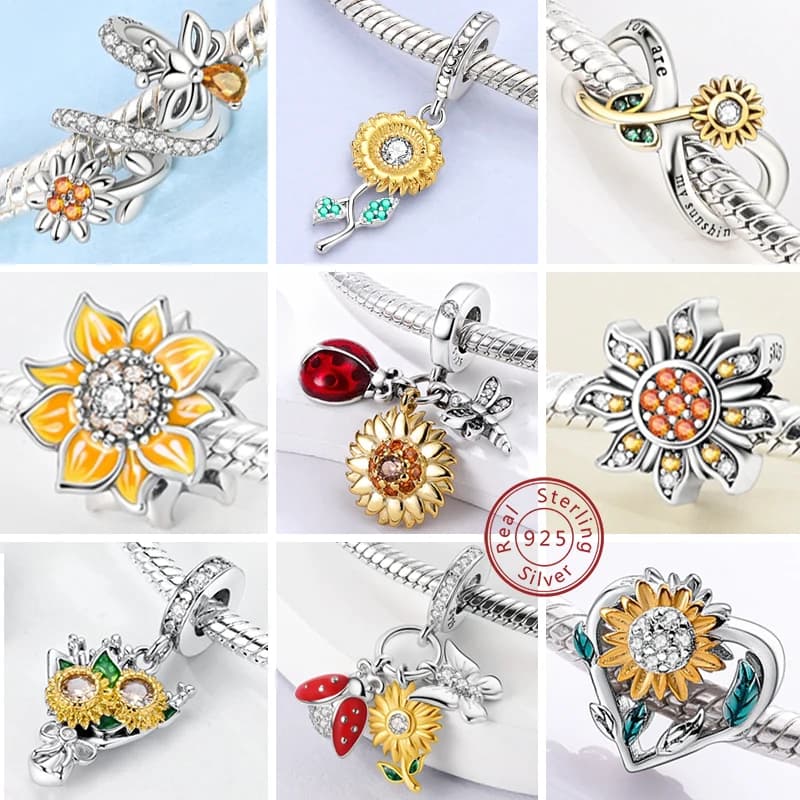 New 925 Sterling Silver Pendants With Sunflower Pendant, Heart Shaped Beads, Suitable for Original Bracelets, DIY Jewelry, Gift Creation