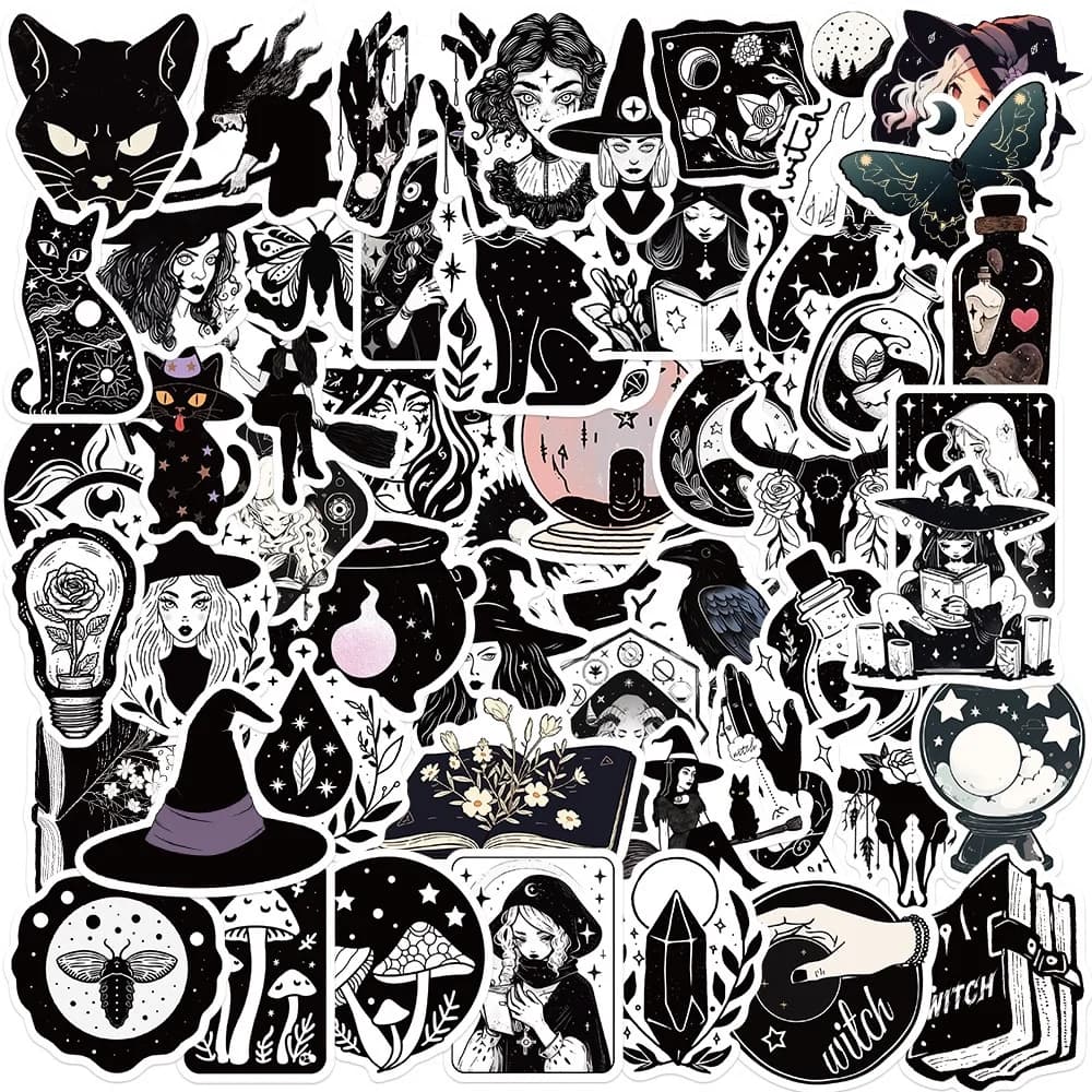 50 pieces of black and white cartoon gothic witch waterproof graffiti stickers for helmet bicycle astuccio decalcomanie AnimeWorlds Store