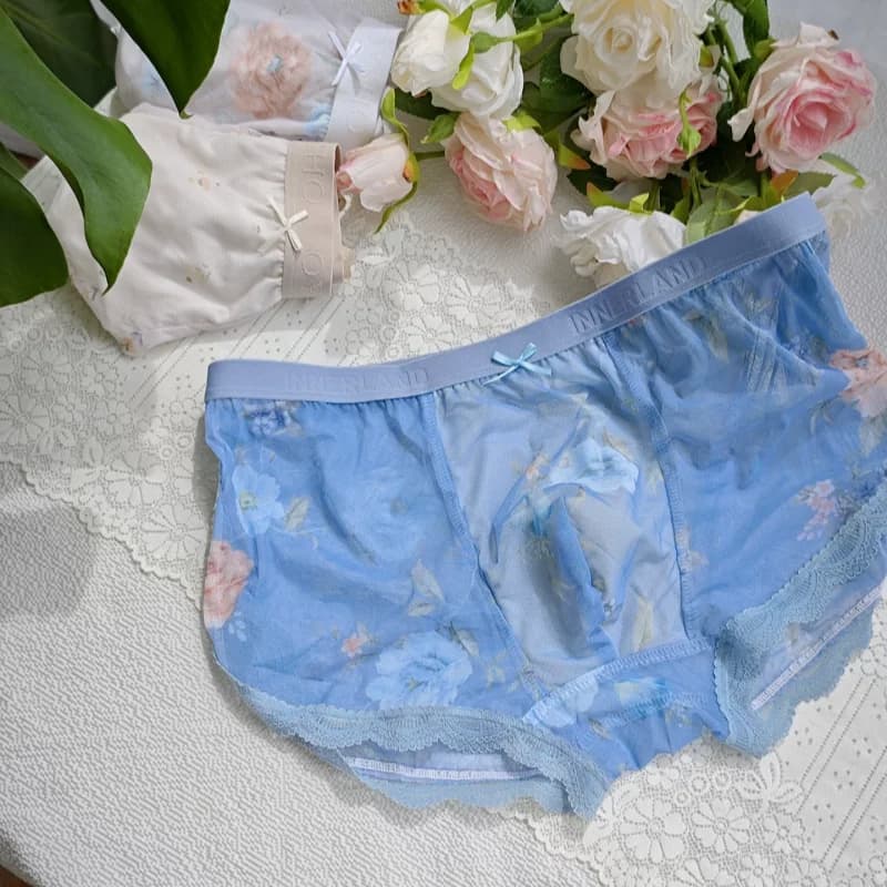Mens Underwear Floral Lace Trim Bow Ultra-thin Transparent Mesh Boxer Shorts Pure Cotton Crotch Comfortable Men's Underpants