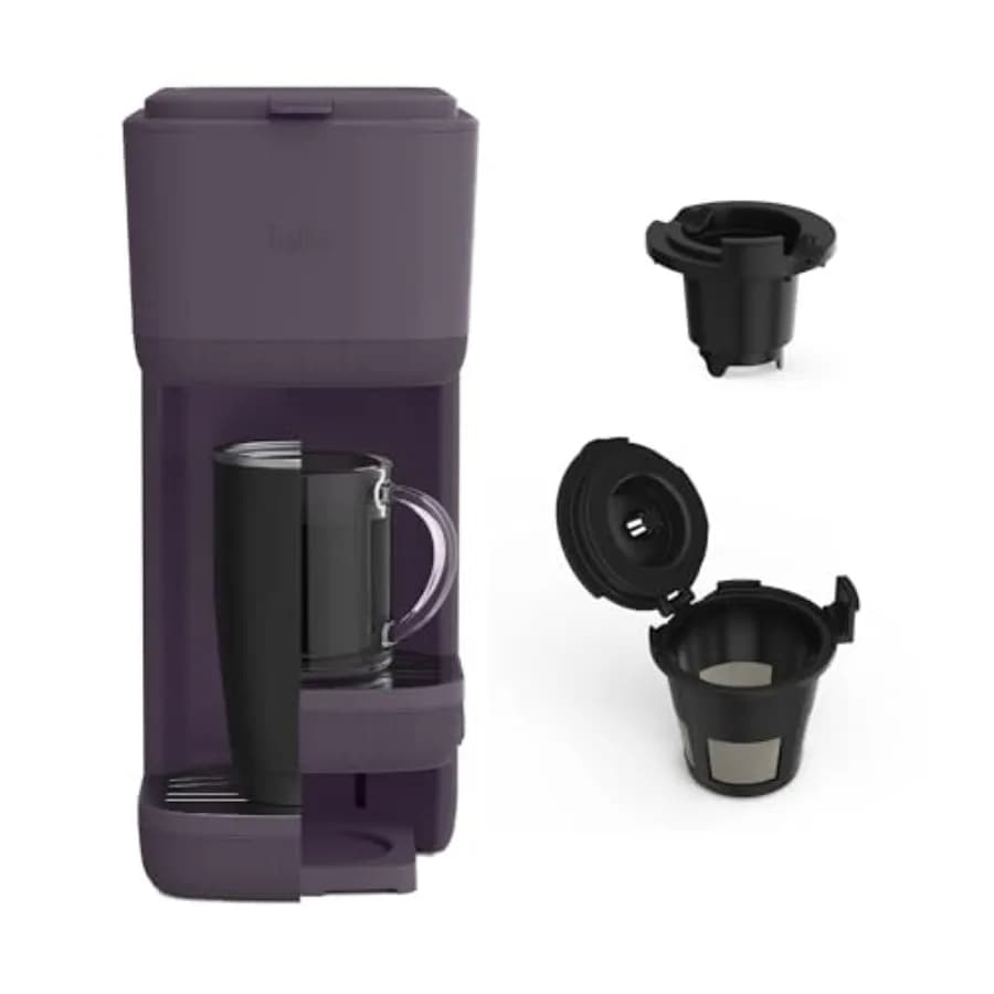 Macchina per caffè monodose, compatibile con capsule K-Cup e caffè macinato, con vassoio raccogligocce rimovibile e regolabile, spegnimento automatico e riutilizzabile.
