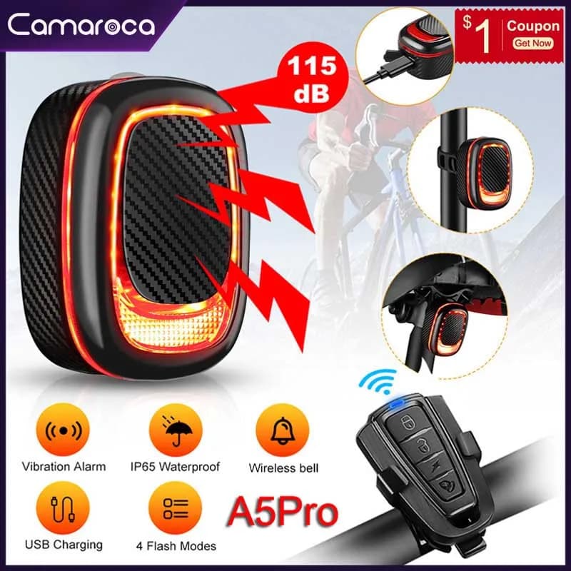 Camaroca alarm for bicycle rear light for bike anti-theft charging USB Smart Auto Brake Sensing remote control lamp for bicycle waterproof