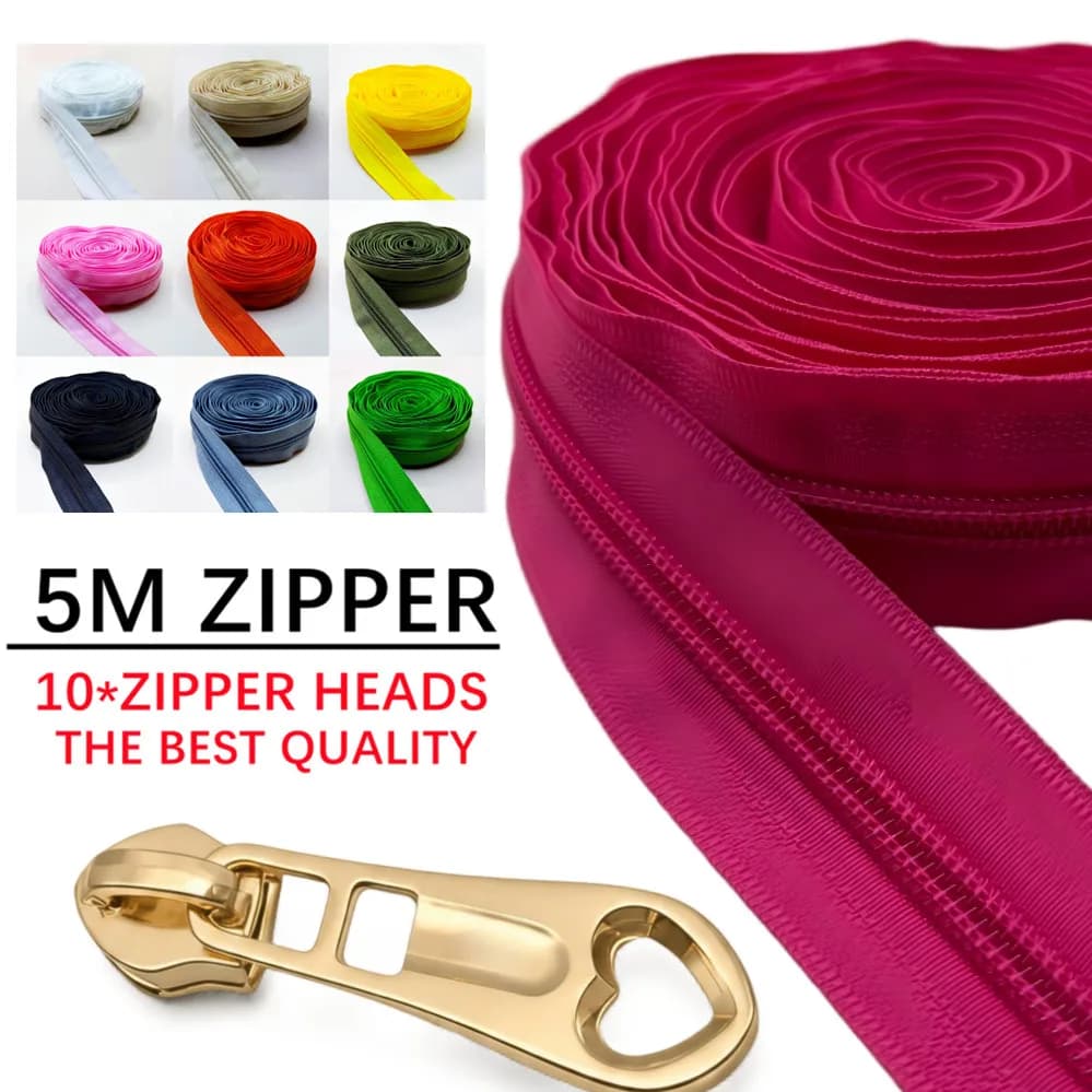 5M 5# Nylon Zipper Puller Bag Pocket Closure Zip Clothes Decor Zips Repair Kit DIY Sewing Accessories Including 10 zipper heads