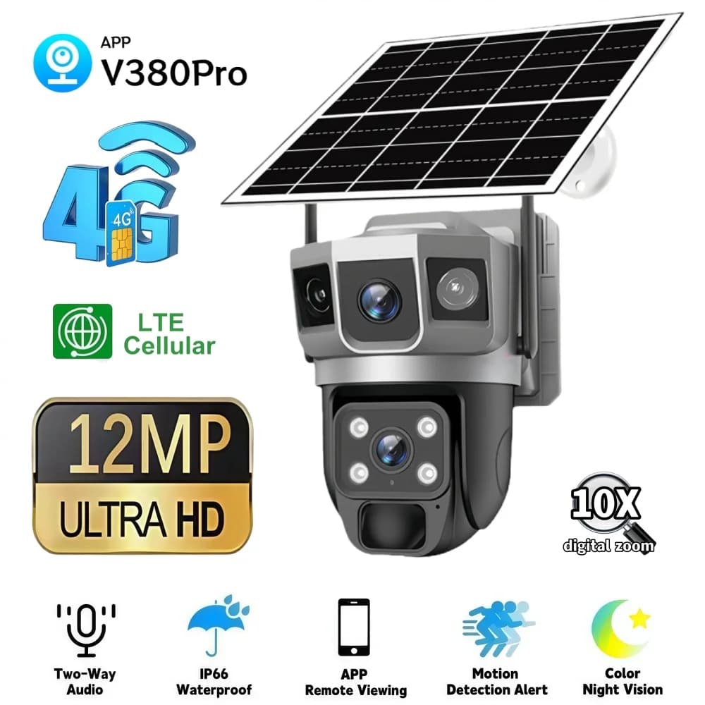 Telecamera di Sorveglianza Solare 4G per Esterni, 12MP HD, 3 Schermi, Monitoraggio Domestico, Tracciamento Automatico PIR, Telecamera IP CCTV per Sicurezza Domestica Intelligente